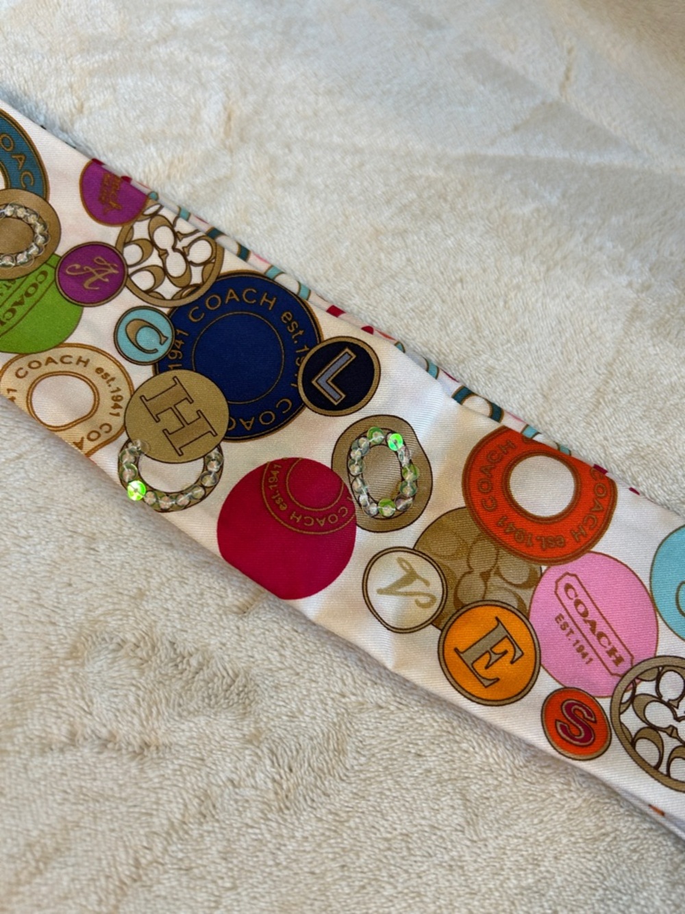 Coach Multicolor Logo Circles Silk Twilly Scarf - White Base - Picture 5 of 6